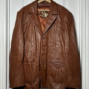The Leather Warehouse Vintage 70s Cognac Brown Genuine Leather Blazer‎ Jacket